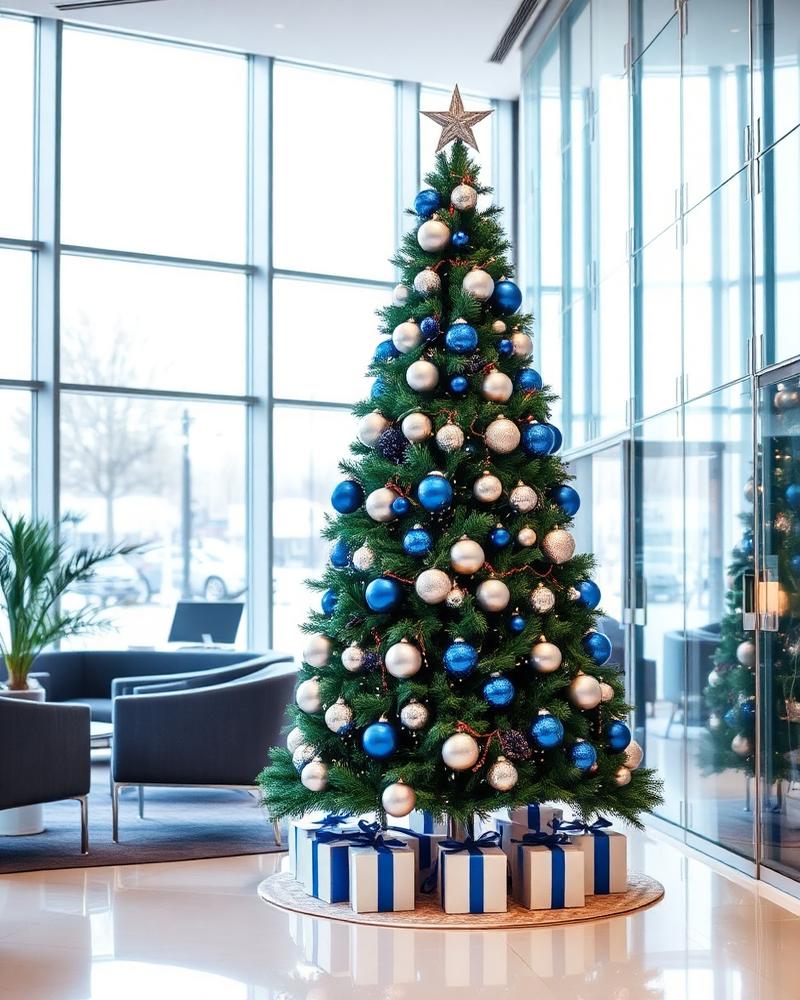 Christmas tree decorated in blue and silver in an office reception