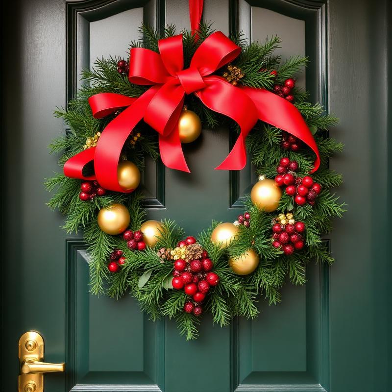 Festive wreath with red ribbon and gold baubles